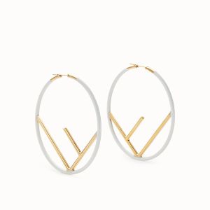 F is Fendi Large Hoop Earrings In Enameled Metal White
